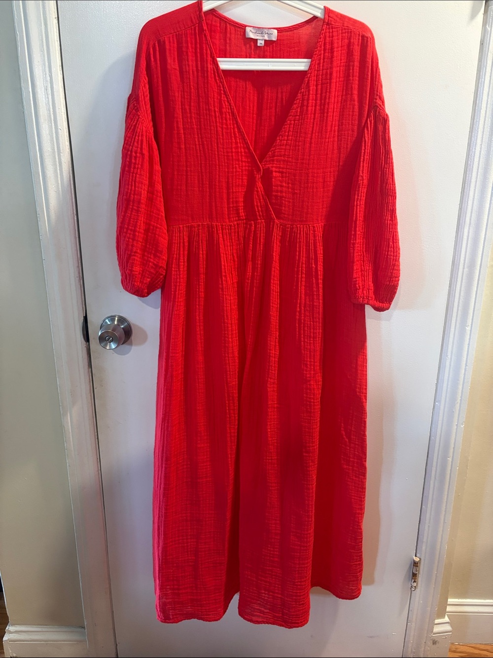 Michael Stars Red Oversized V-Neck Shift Dress Textured Dress